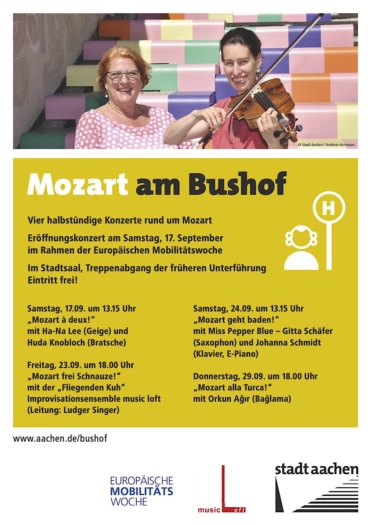Mozart am Bushof - Plakat Treppenkonzert - Freie Musikschule music loft Aachen Koordinationsstelle Bushof